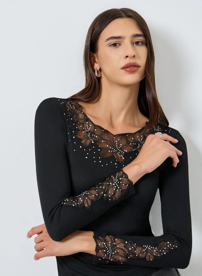Take Two Solid Embellishment Detail Long Sleeve Top